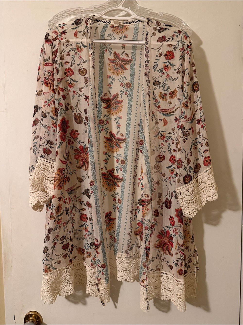 Boho Floral Crochet-Trim Kimono Cardigan - Cream Floral